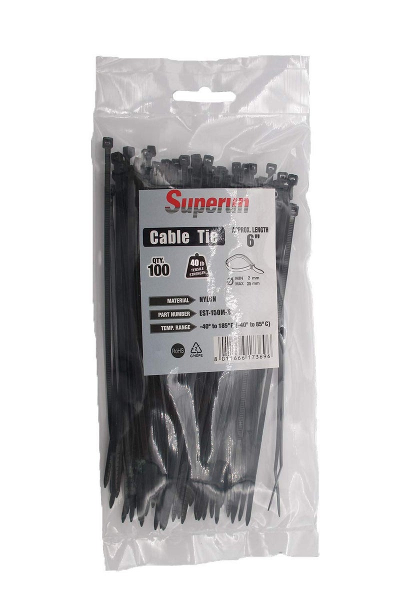 Superun Black Zip Ties 6 Inch, 40 Lbs Tensile Strength Wire Ties (Industrial Grade Cable Ties) Pack of 100 - Image 1